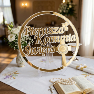 Koło obręcz Pierwsza Komunia Święta - lustrzana plexi złota - elegancka dekoracja