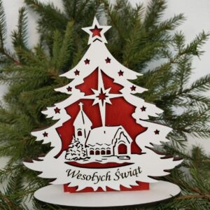 Choinka z kościołem - drewniana dekoracja świąteczna - wypalane w drewnie