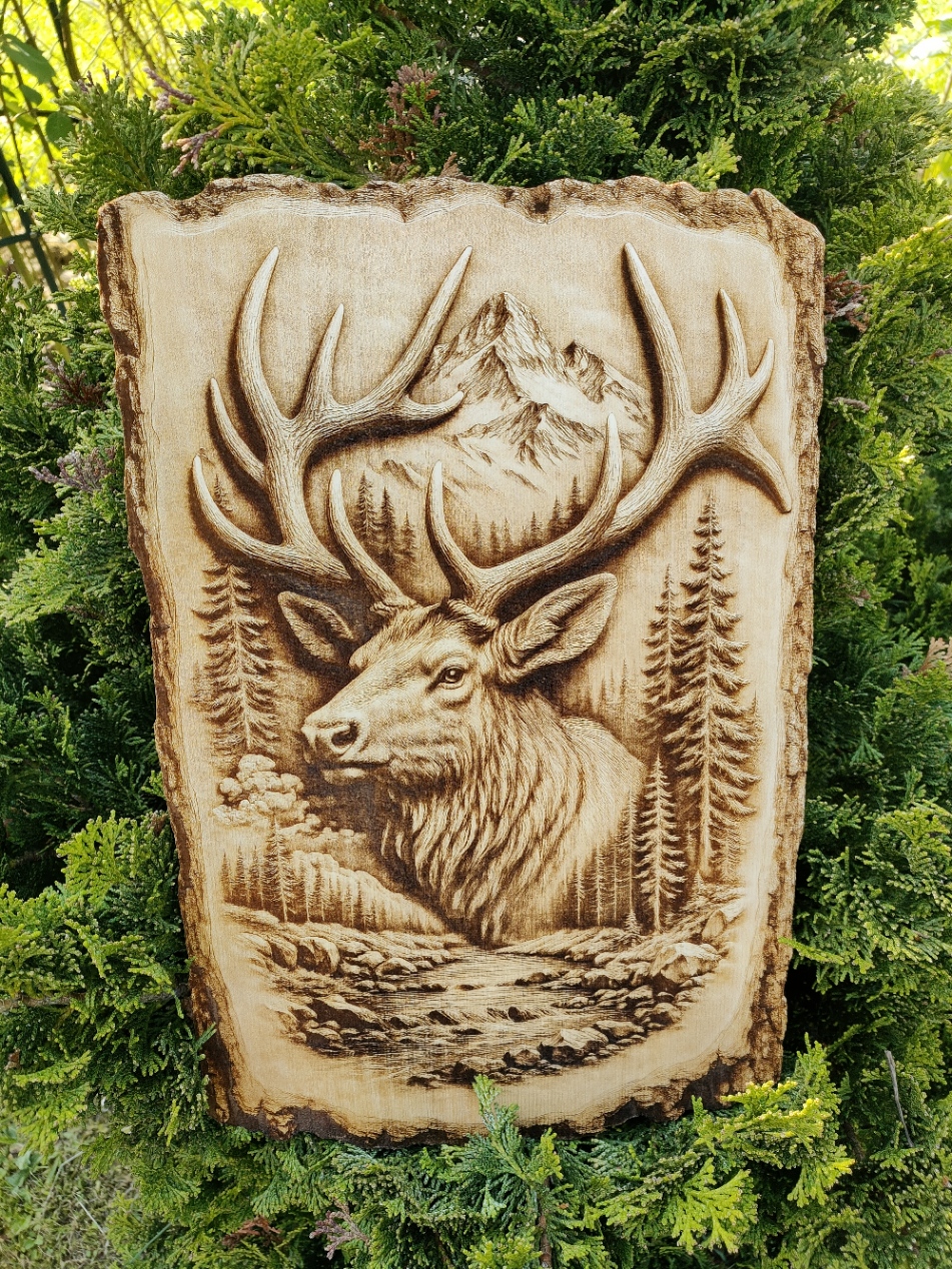 Majestatyczny Jeleń w Górach - obraz wypalany w drewnie