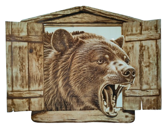 Niedźwiedź w oknie - obraz wypalany w drewnie - Dekoracja rustykalna - obrazek 2