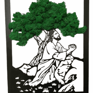 Jezus modlący się pod drzewem - drewniana dekoracja sakralna - ażurowy obraz z chrobotkiem