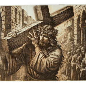 Jezus z krzyżem - wypalany w drewnie - pirografia dekoracyjna