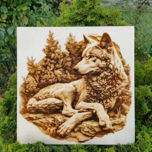 Leżący Wilk - Drewniana dekoracja na ścianę - wypalane w drewnie