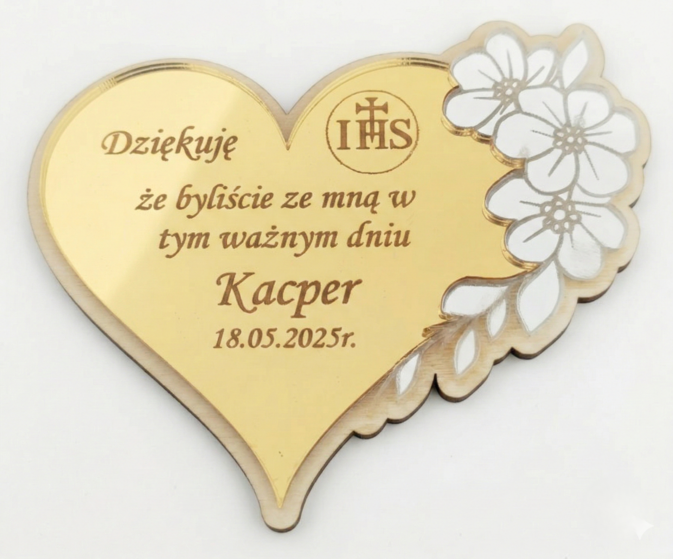 Podziękowanie dla Gości Komunijnych – Lustrzane Serce z Grawerem na Sklejce - obrazek 2
