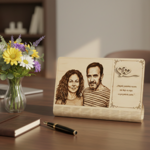 Personalizowany portret małżeński na drewnie – Pamiątka ślubu lub rocznicy z grawerem