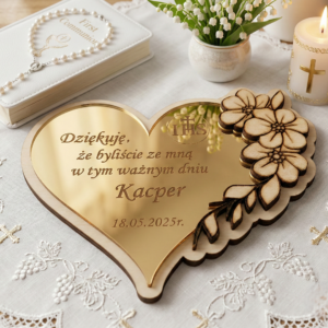 Pamiątka I Komunii Świętej – Eleganckie Serce z Plexi Lustrzanej i Drewna
