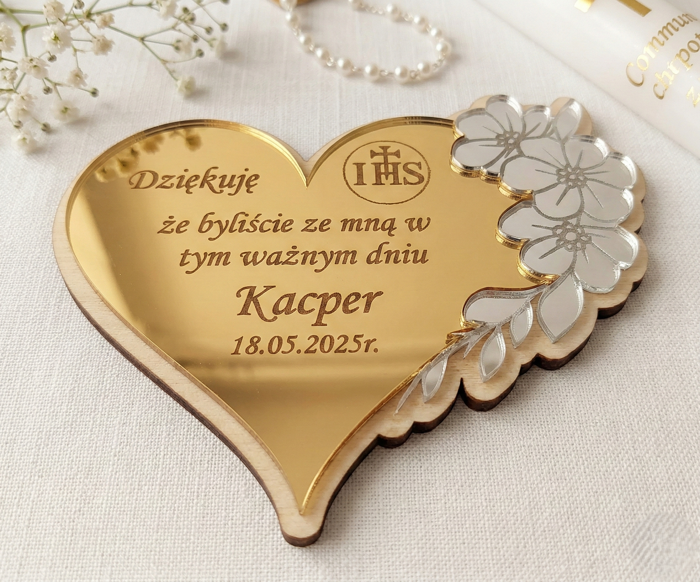 Podziękowanie dla Gości Komunijnych – Lustrzane Serce z Grawerem na Sklejce