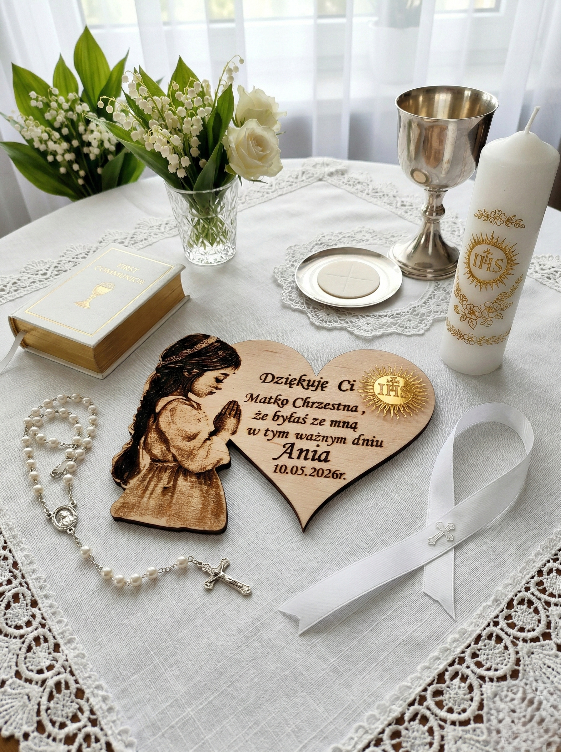 Podziękowania dla gości komunijnych - Magnes Serce Lustrzane z Grawerem - obrazek 3