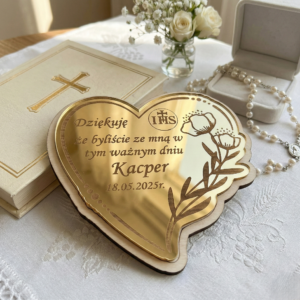 Personalizowane Serce Lustrzane – Nowoczesne Podziękowanie za Przybycie na Komunię