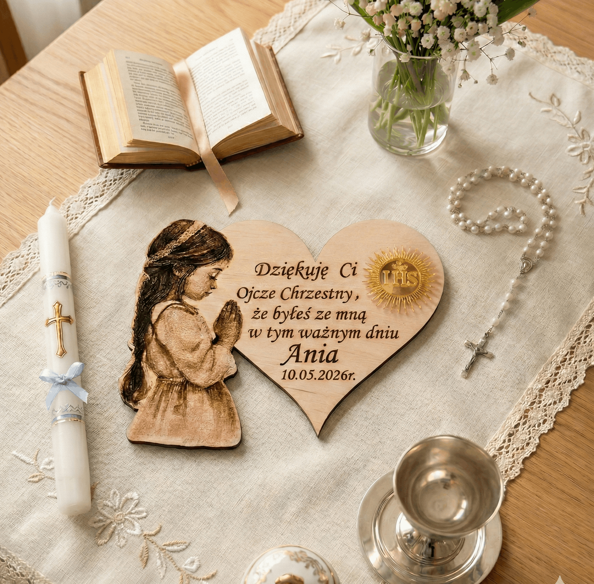 Podziękowania dla gości komunijnych - Magnes Serce Lustrzane z Grawerem