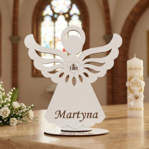 Personalizowany Anioł Komunijny na Podstawce – Wyjątkowa Pamiątka Pierwszej Komunii Świętej z Imieniem i Datą