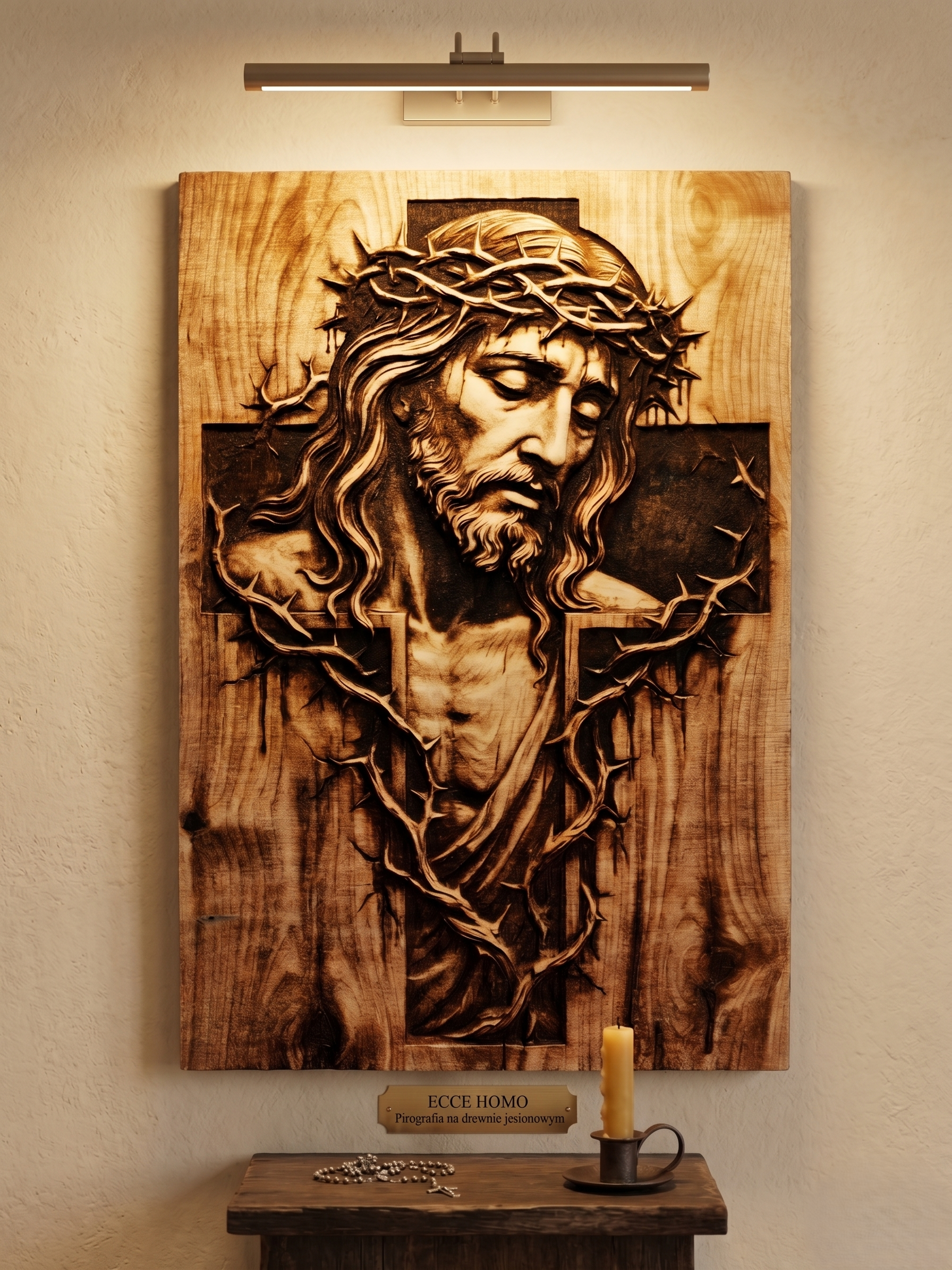 Wypalany w drewnie obraz Ecce Homo - Chrystus w koronie cierniowej