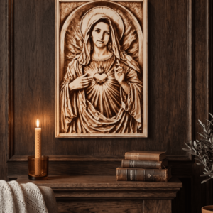 Obraz Religijny Niepokalane Serce Maryi – Grawerowany w Drewnie